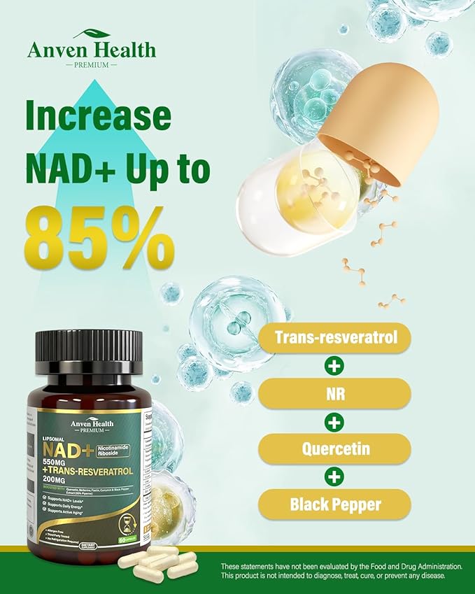 Liposomal NAD+ Resveratrol Supplement - NMN Alternative with Trans-Resveratrol Quercetin &amp Fisetin - NAD Plus Booting for Women and Men Support Cellular Energy &amp Healthy Aging Non-GMO | 60