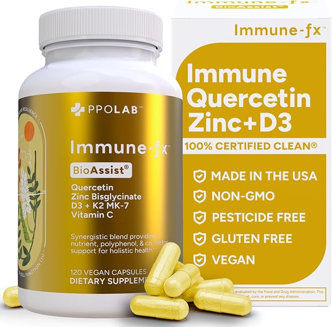 PPO Lab® Immune-fx™ Advanced Zinc Ionophore One-A-Day Immune Support Supplement with Zinc Bisglycinate Quercetin Vitamin C D3 K2 for Respiratory Heart Histamine Antioxidant Health 120 Capsules