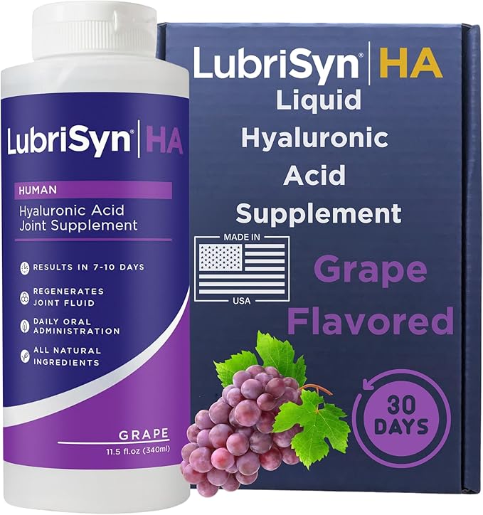 Lubrisyn Hyaluronic Acid Oral Joint Supplement – Liquid HA Formula for Humans – Promotes Joint Support Mobility Flexibility Hydration &amp Healthy Function for Men &amp Women – Grape Flavor 11.5o