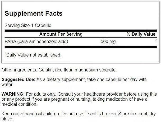 Swanson PABA - Powerful B Complex Supporting Red Blood Cell Formation - Folic Acid Component Aiding Supply Oxygen to Cells and Skin Health Support - (120 Capsules 500mg Each) (2 Pack)