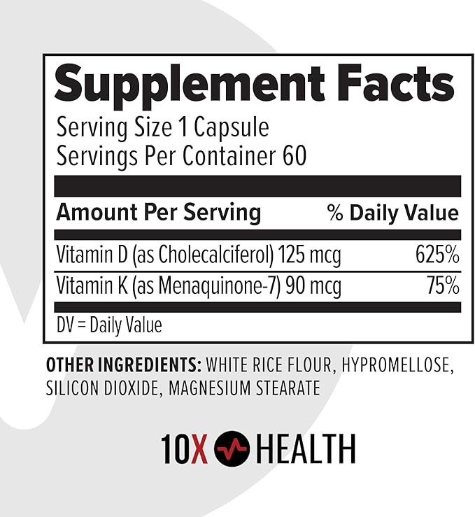 10X Health Vitamin D3 5000 IU &amp K2 MK7 - Menaquinone 7 High-Potency D3 K2 Vitamin Supplement for Bone Health Heart and Teeth - 125 mcg Vitamin D &amp 90 mcg Vitamin K2-60 Capsules