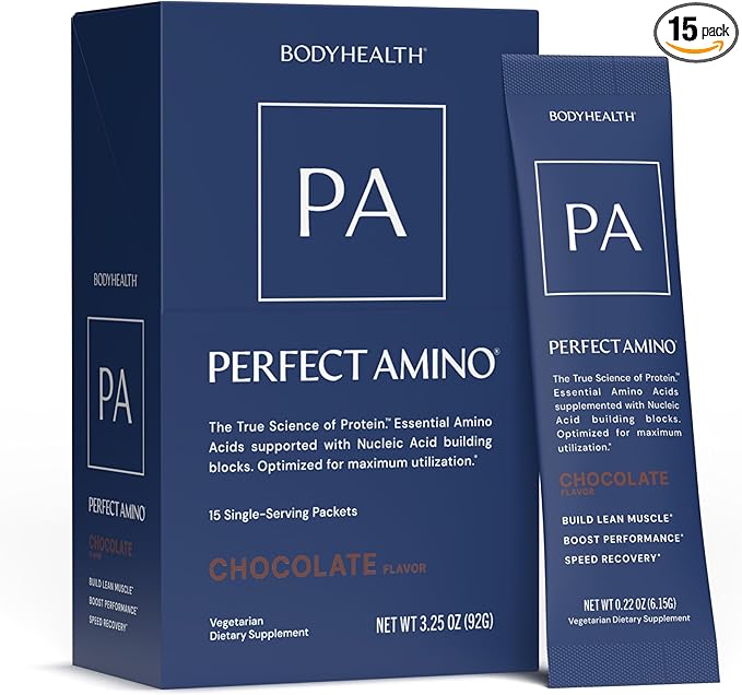 BodyHealth PerfectAmino Powder - BCAA and EAA Powder for Pre and Post Workout - Amino Acid Energy Drink for Men and Women to Support Lean Muscle and Recovery - Chocolate - Stick Packs - 15 Servings