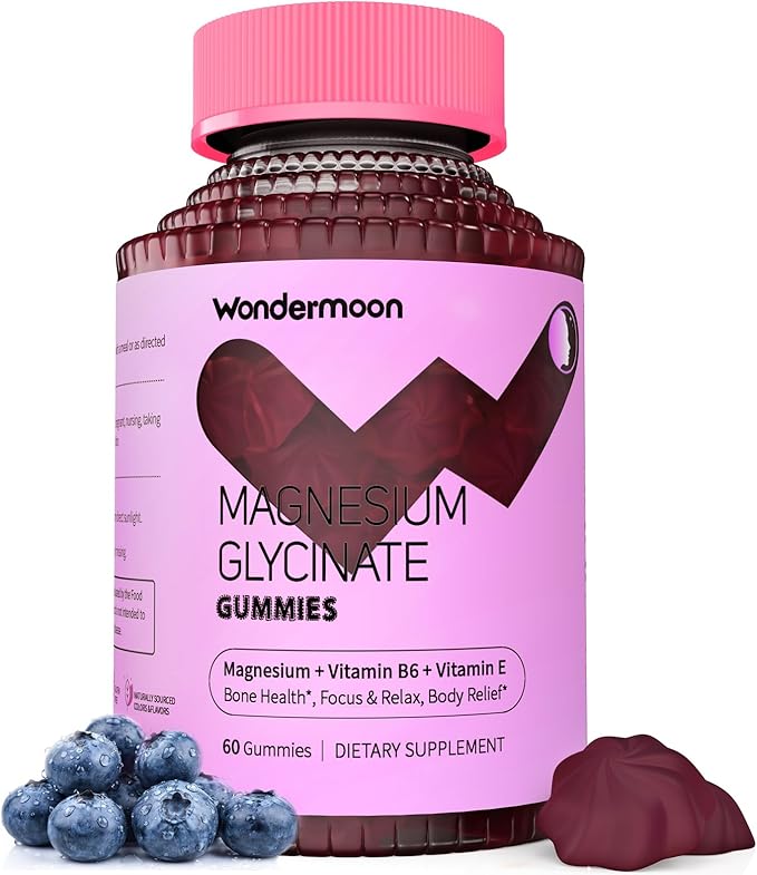 Wondermoon Magnesium Glycinate Gummies for Women with Vitamin D3 B6 Vitamin E Zinc &amp Potassium Blueberry Flavor 60 Gummies