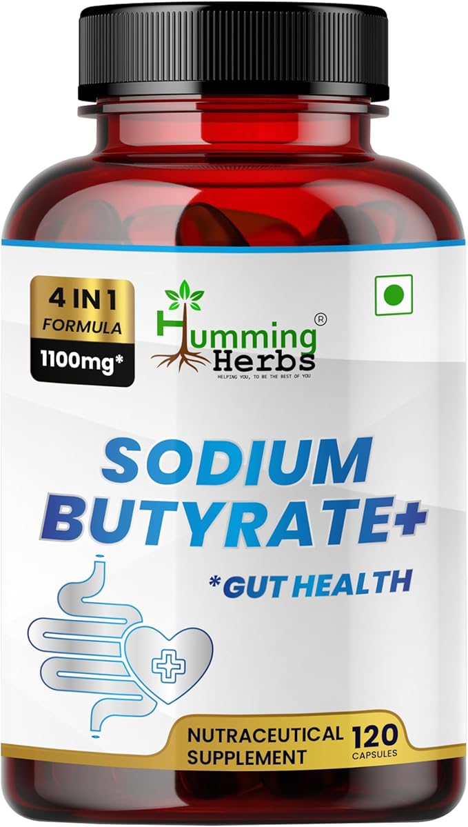 Humming Herbs Sodium Butyrate+ Capsules – 4-in-1 Digestive Support with L-Glutamine + Prebiotic Inulin + Probiotic Blend (10 Billion CFU) – 120 Vegetarian Capsules