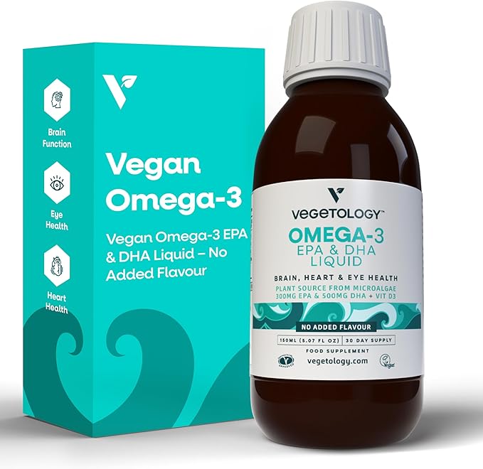 VEGETOLOGY Vegan Omega 3 Liquid from Microalgae 800mg of EPA DHA with Vitamin D3 Supports Heart Brain and Eye Health Natural Fish Oil Alternative UK Made Unflavoured