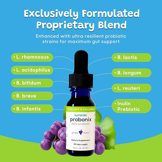Probonix Humarian for Kids Aged 1-9 Years Old - High Bioavailability Liquid Probiotics - Superior 8-Strain Probiotic Drops to Fortify Gut Health Immunity &amp More - 30-Day Supply Tasty Grape Flavo