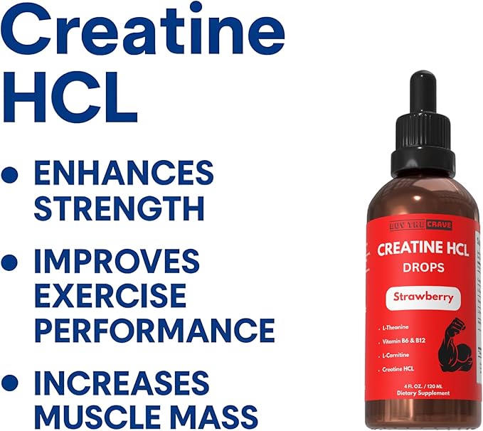 Creatine HCL Liquid Drops for Men &amp Women - 2ml Per Serving L-Theanine Vitamin B12 &amp B6 L-Carnitine - High Absorption 4 Fl Oz (120ml) (4 FL OZ Strawberry)