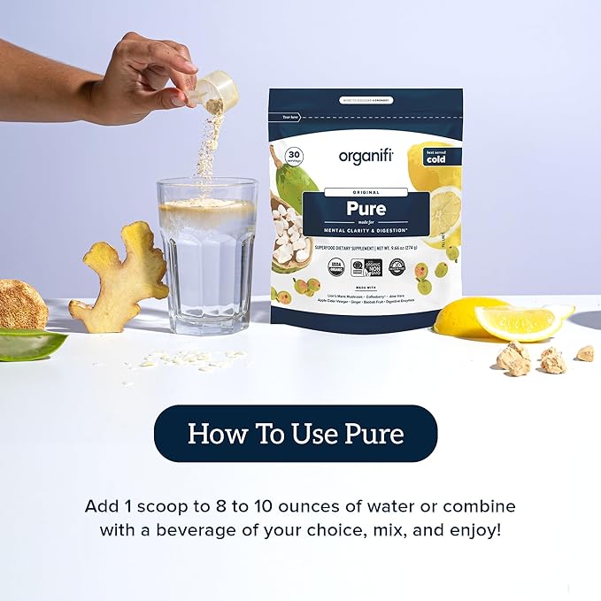 Organifi Pure - Promotes Stimulation in Learning Memory Focus and Clarity - Brain Support with Superfoods - Gluten-Free and Non GMO - Best Served Cold 30 Servings