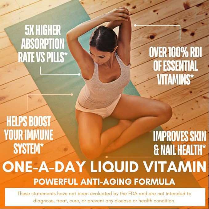 Mega Premium Liquid Multivitamin | Natural Immune Support Vitamin w/ 1333% Vitamin C 200% D3 Zinc + 20 Vitamins 70 Minerals &amp 21 Amino Acids | Sugar Free | Orange Flavor | 98% Absorption | 32