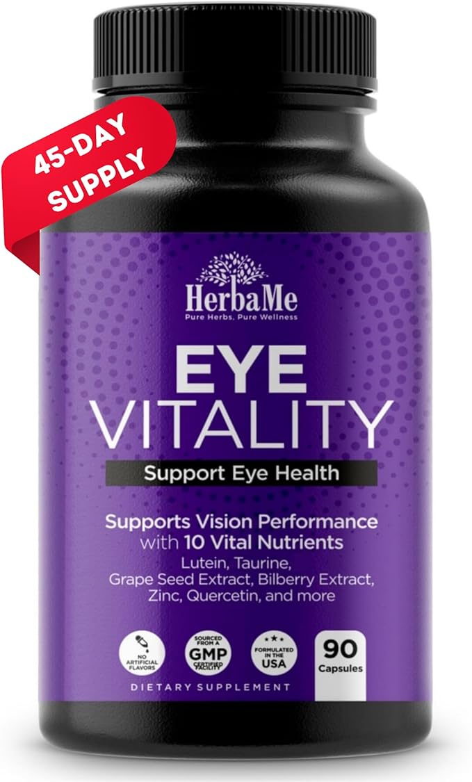 HerbaMe Eye Vitamins Supplement with Lutein Bilberry Beta Carotene L-Taurine Zinc and Quercetin 90 Capsules Supports Vision Ocular and Macular Health Helps Eyes Filter Blue Light