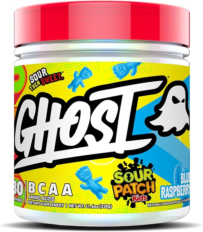 GHOST BCAA Powder Amino Acids Supplement Sour Patch Kids Blue Raspberry - 30 Servings - Sugar-Free Intra Post &amp Pre Workout Amino Powder &amp Recovery Drink 7G BCAA