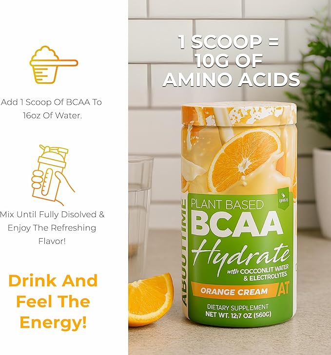 About Time BCAA Hydration Powder Orange Cream with L-Glutamine &amp Electrolytes Non-GMO Gluten Free Monk Fruit Coconut Water 20 Servings