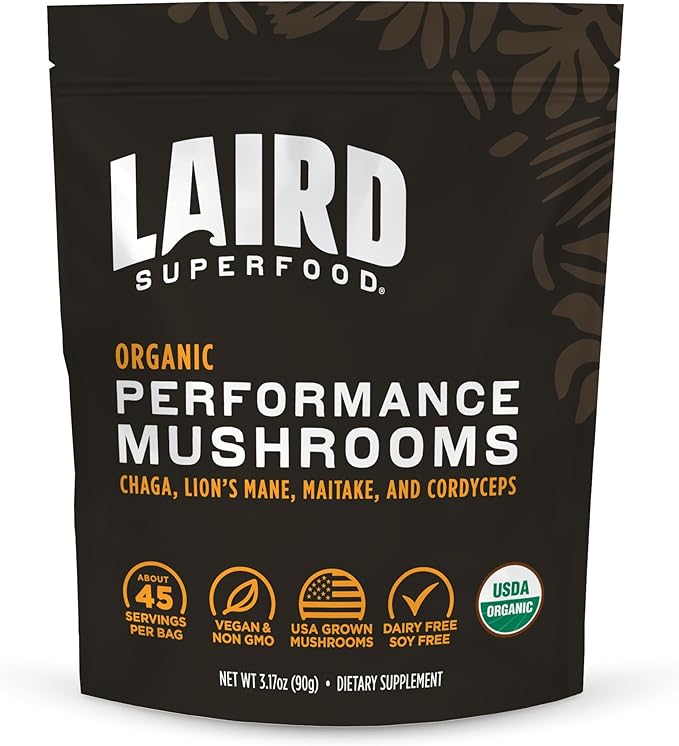 Laird Superfood Organic Performance Mushroom Blend with Chaga Cordyceps Lion's Mane and Maitake for Energy and Cognition 3.17 oz. Bag Pack of 1
