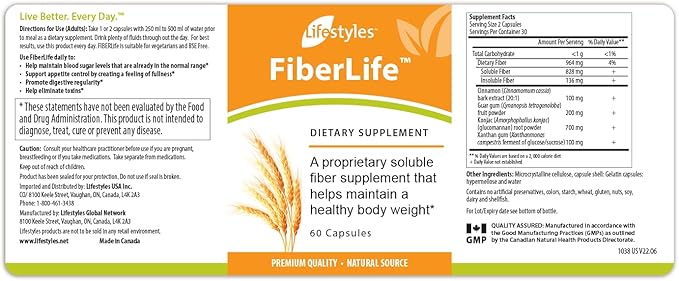 Intra Lifestyles FiberLife Supplement – Soluble Fiber for Digestive Health &amp Appetite Control with Konjac Guar Gum Xanthan Gum and Cinnamon – Made in Canada – 60 Capsules (60 Capsules (Pack of