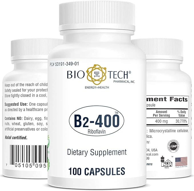 Bio-Tech Pharmacal B2-400 100 Capsules – All-Natural Supplement – Supports Clarity and Productivity – No Dairy Fish Gluten Peanut Shellfish GMOS &amp Soy – No Artificial Colors