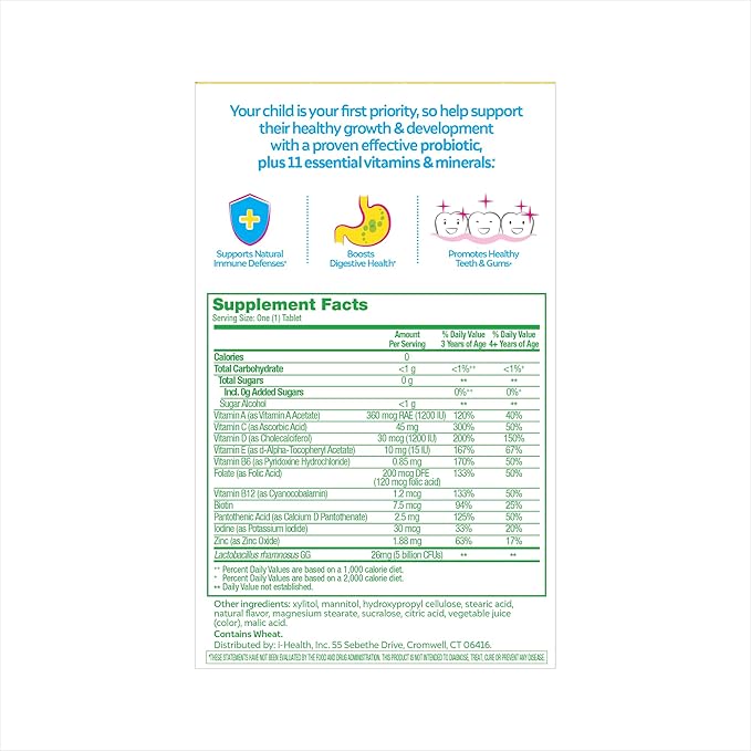 Culturelle Kids Probiotic + Complete Multivitamin Chewable for KidsAges 3+Digestive HealthOral Health&ampImmune Support-with 11 Vitamins&ampMineralsIncluding Vitamin CD3-&ampZinc30 Count (Pac
