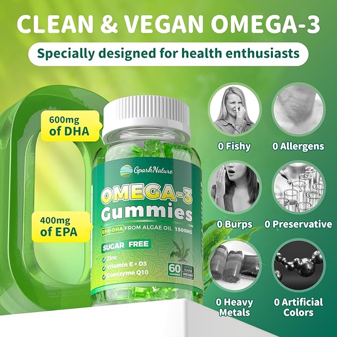 Omega 3 Fatty Acid Supplements for WomanVegen Omega-3 Supplement Gummies 1500Mg from Algae 0il(DHA 600mg &amp EPA 300mg) Turmeric Gummy for Adults Vitamins D3 E Zinc &amp MSM Sugar Free