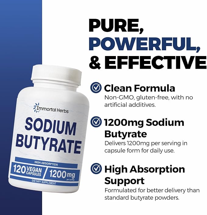 Sodium Butyrate Capsules 1200mg High Absorption Postbiotic 120 Count Standardized Butyric Acid Vegan Non-GMO &amp Gluten-Free Butyrate Supplement for Women and Men
