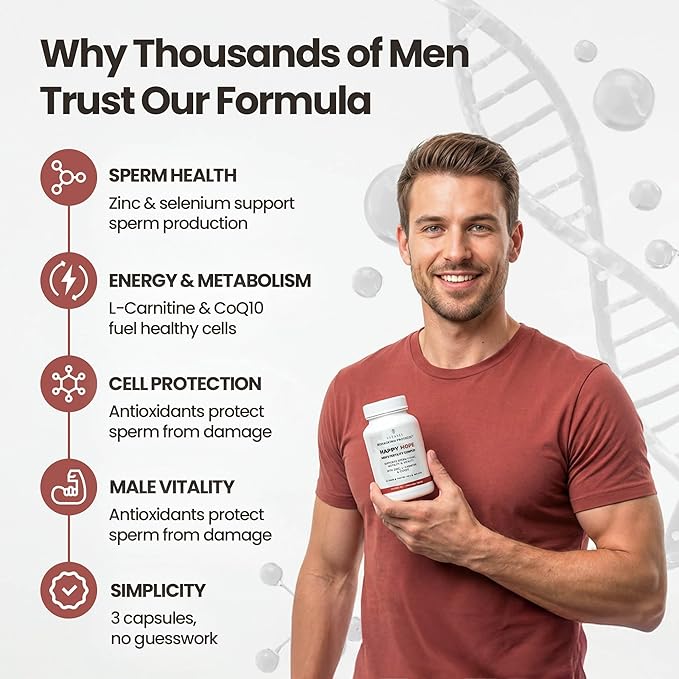 Vitasei Happy Hope Men’s Fertility Supplement – Zinc L-Carnitine &amp CoQ10 for Sperm Health Energy &amp Vitality – Supports Male Reproductive Wellness &amp Sperm Motility – Vegan &amp Gluten-Fr
