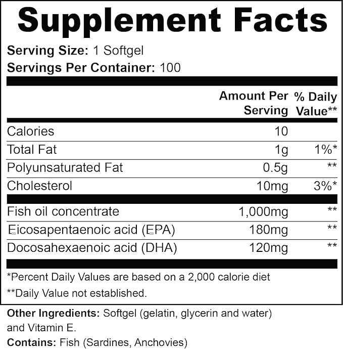 Omega-3 EPA 180mg + DHA 120mg Fish Oil Softgels 100 Count 0.38 lb