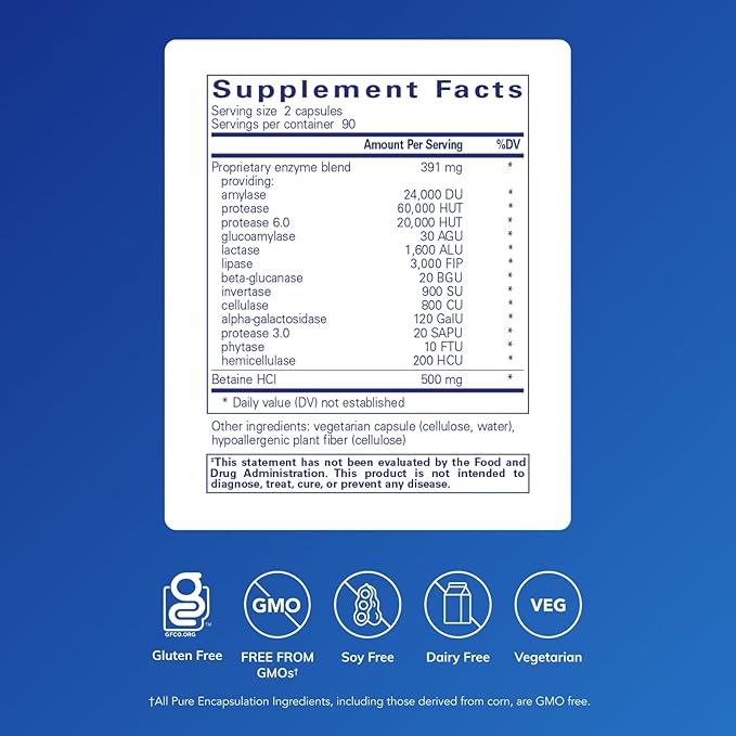 Pure Encapsulations Digestive Enzymes Ultra with Betaine HCl - Vegetarian Digestive Enzyme Supplement to Support Protein Carb Fiber and Dairy Digestion* - 180 Capsules