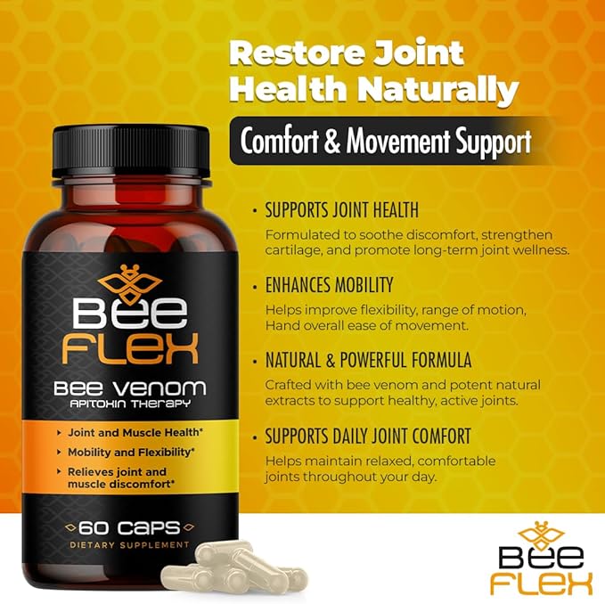 Bee Flex Joint Support Supplements - Glucosamine &amp Turmeric for Joint &amp Muscle Health Enhanced Mobility Flexibility and Comfort - Natural Cartilage Support Complex - 60 Capsules (1)