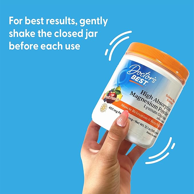 Doctors Best High Absorption Magnesium Powder Lysinate Glycinate 100% Chelated Muscle Relaxation &amp Sleep Support Gluten Free Vegan 100% Chelated Net Wt. 12.1 oz (340 Grams) Fruit Punch Flavor