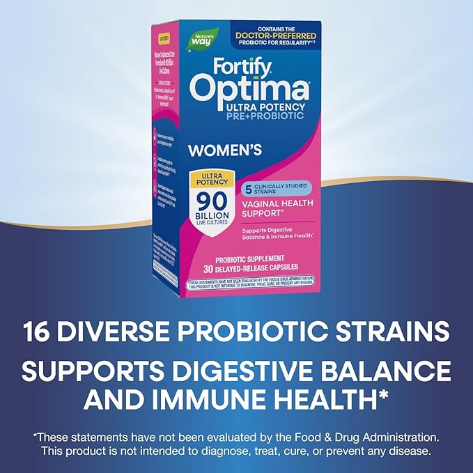 Nature's Way Fortify Optima Probiotic for Women Ultra Potency Probiotic for Vaginal Health* 90 Billion Live Cultures Supports Digestive Balance and Immune Health* 30 Capsules (Packaging May Vary)