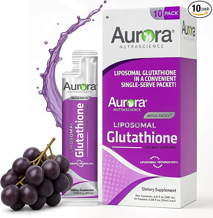 Aurora Nutrascience Mega-Pack Liposomal Glutathione - 750 mg Liquid Supplement Antioxidant Support for Men &amp Women Sugar Free Non-GMO Liposomal Glutathione Packets - 10 Single Serve Packets