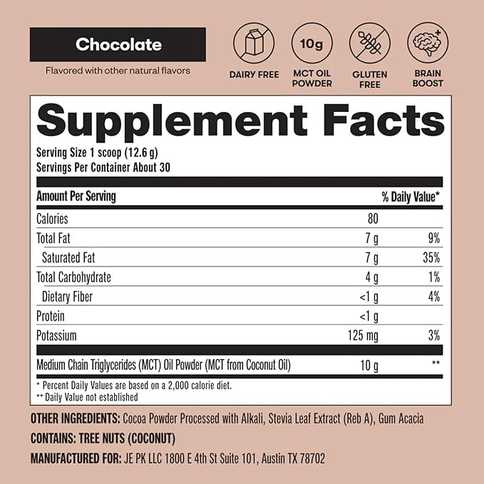 Perfect Keto 7g MCT Oil Powder Medium Chain Triglycerides Supplement Non Dairy Coffee Creamer for Keto Diet Ketogenic MCT Oil Mix for Coffee Smoothie Protein Shakes Chocolate 30 Servings