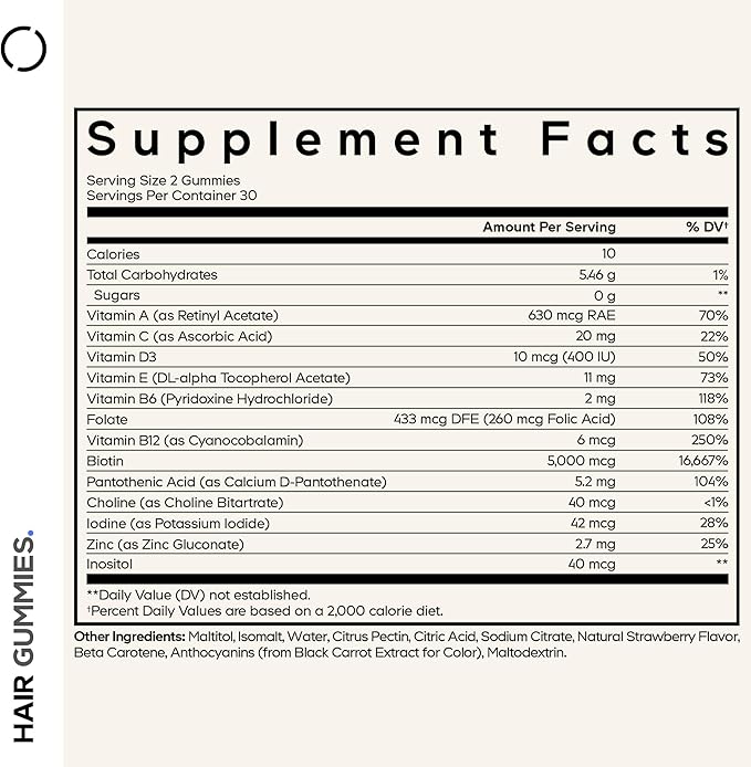 Codeage Hair Gummies Biotin 5000 mcg Sugar Free Growth Gummy Vitamins A C B6 B12 D3 Zinc Inositol Supplement Women &amp Men Pantothenic Folic Acid Nails Skin Strawberry Coconut Flavor 6