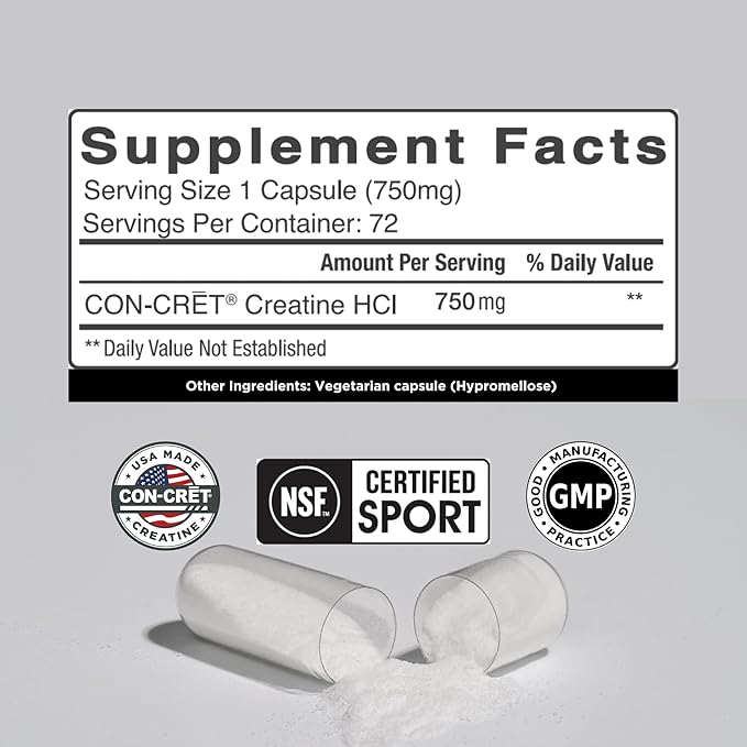 CON-CRET Creatine HCl Capsules | Muscle Cognitive Cellular Energy Support | No Bloating or Cramps | USA Made &amp NSF Certified | Creatine Pills (72ct)