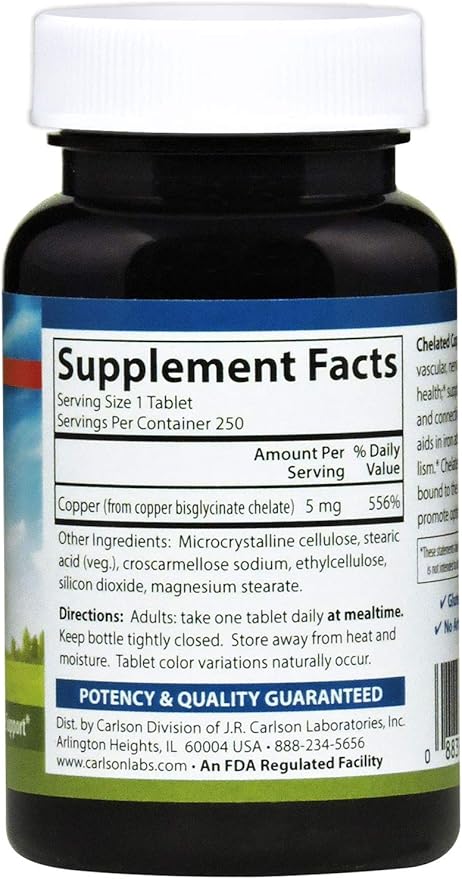 Carlson - Chelated Copper 5 mg Superior Absorption Circulation Health Nerve Function &amp Immune Support 250 Tablets
