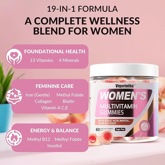 2 Pack Sugar Free Womens Multivitamin Gummies with 19 Multi Vitamins &amp MineralsIronCalciumFolateBiotinInositol for SkinHairEnergy and ImmuneVeganNatural Peach Flavored 120 Count
