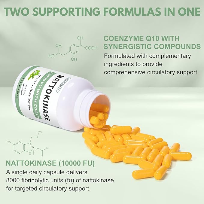 Nattokinase 10000 FU with CoQ10 100mg Vitamin K2 Free 90 Capsules - Premium Support for Heart Brain &amp Circulatory Health Cardiovascular System &amp Energy Supplement