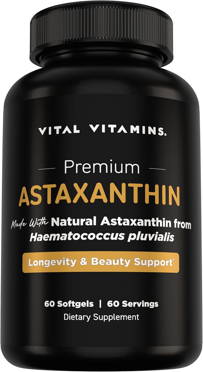 Vital Vitamins Astaxanthin 12mg Softgels - Made with Natural Astaxanthin - Supplement to Promote Skin Hydration Elasticity - Defends Cells Against Daily Damage - Vegan Made in the USA - 60 Soft Gels