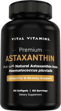 Vital Vitamins Astaxanthin 12mg Softgels - Made with Natural Astaxanthin - Supplement to Promote Skin Hydration Elasticity - Defends Cells Against Daily Damage - Vegan Made in the USA - 60 Soft Gels