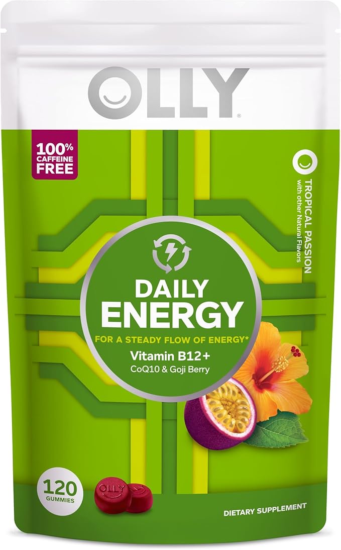 OLLY Daily Energy Gummy Caffeine Free Vitamin B12 CoQ10 Goji Berry Adult Chewable Supplement Tropical Flavor - 120 Count Pouch