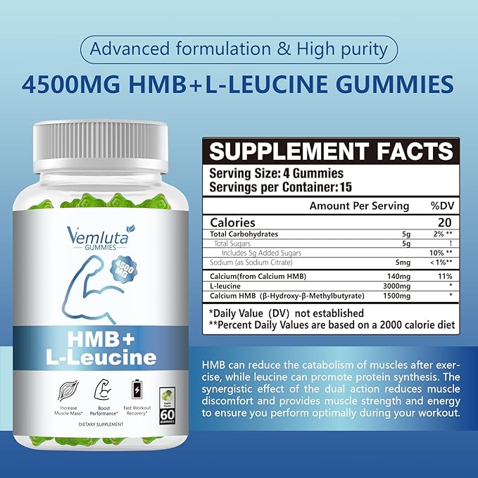 2 Packs HMB and Leucine Supplements Gummies for Men Women - 4500MG HMB ＆ Leucine for Muscle Recovery &amp Growth Support Non-GMO Gluten-Free Adults &amp Elder Apple Flavor 120 Counts