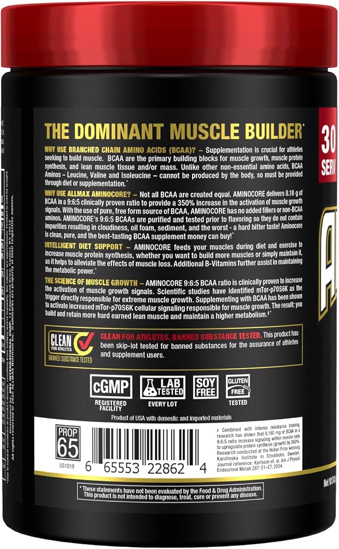 ALLMAX AMINOCORE BCAA Powder for Workout Muscle Recovery &amp Increased Endurance - Sugar Free No Fillers 8.18 Grams Bcaas Amino Acids B Vitamins for Women and Men - 30 Servings | Fruit Punch 345g