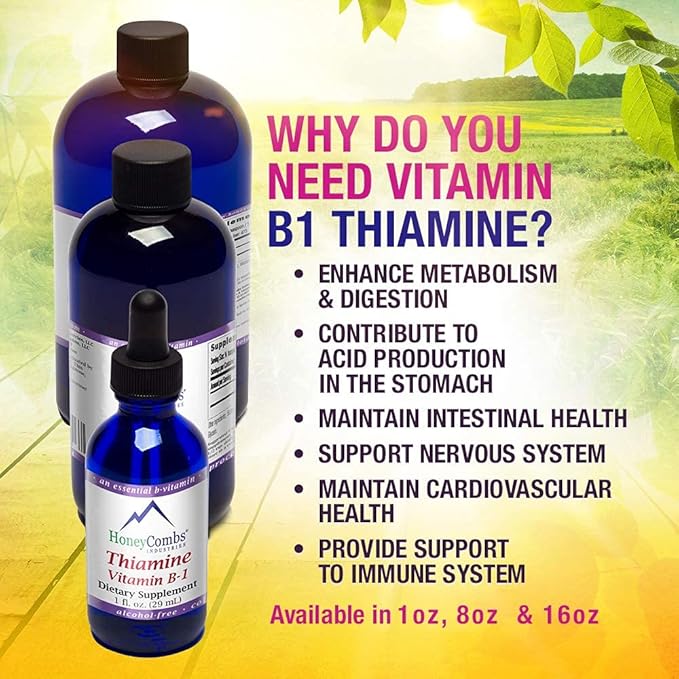 HoneyCombs Vitamin B1 Supplement (Thiamine) Liquid Drops - High Potency Thiamine B1 Supplement for Men &amp Women - Maintain Nervous System Energy &amp Overall Health - Vegan Liquid B Vitamins (8 F