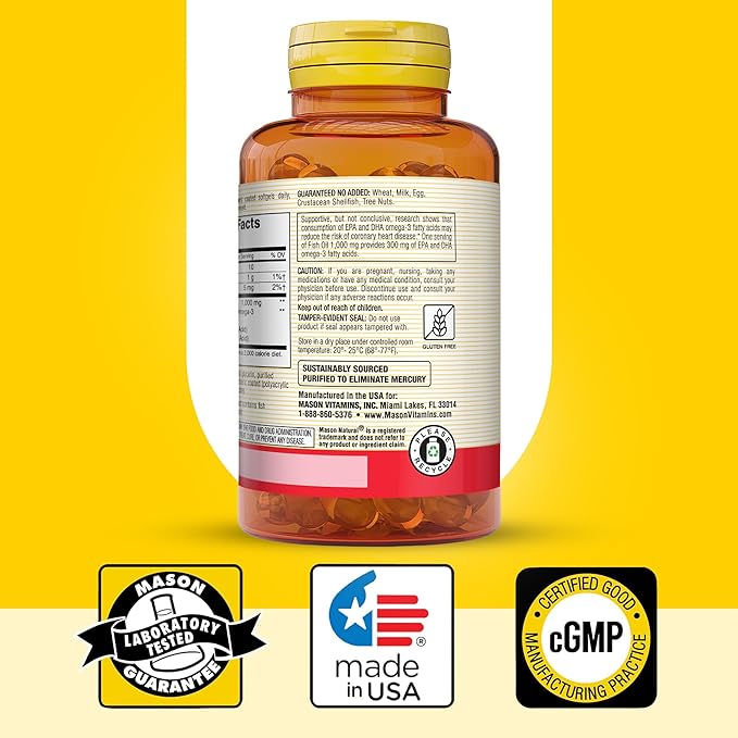 Mason Natural Omega3 Fish Oil 45Day Supply 1000mg with EPA and DHA for Joint Support 90 Softgels (Pack of 3)