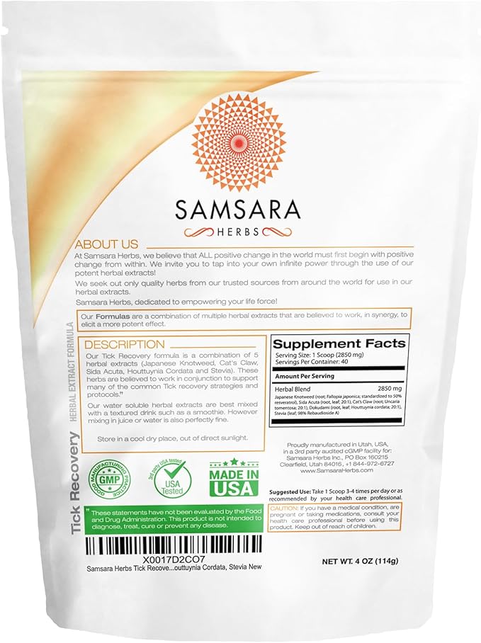 Samsara Herbs Tick Recovery Herbal Powder Formula (4oz/114g) - Japanese Knotweed Cat's Claw SIDA Acuta Houttuynia Cordata Stevia