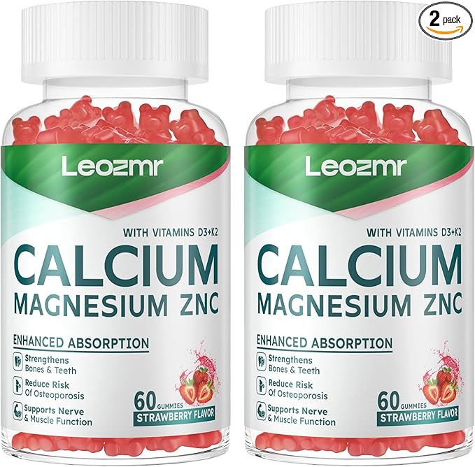 Calcium Magnesium Zinc Gummies with Vitamin D3 &amp K2 - High Potency Enhanced Absorption -120 Strawberry Gummies Flavored