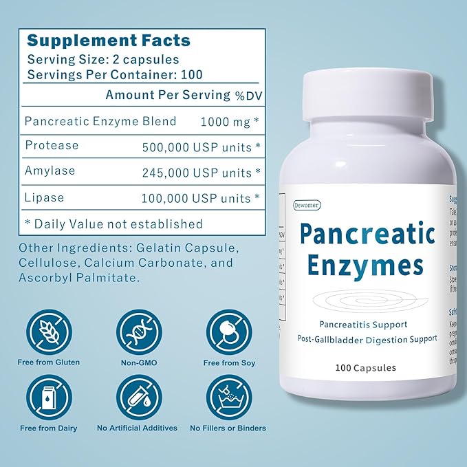 Lunza Pancreatin Enzyme Supplement – 1000mg Full Strength Digestive Support for Pancreatitis Gallbladder Surgery Recovery – Protease Amylase Lipase Formula – 100 Capsules