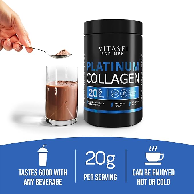 VITASEI Hydrolyzed Collagen Powder for Men - BCAA Enriched with Borojo &amp Chontaduro - Protein Powder Supplement for Enhanced Workouts Muscle Energy - Zero Sugar &amp Chocolate Flavored - 21 oz