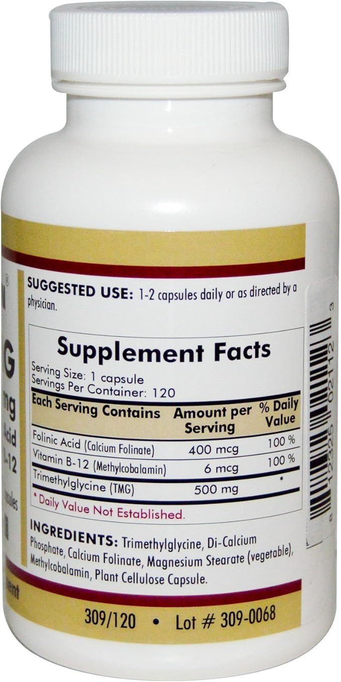 TMG (Trimethylglycine) 500 mg w/Folinic Acid &amp B12 Capsules - Hypo 120 capsules