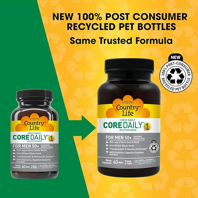 Country Life CORE Daily-1 Multivitamin for Men 50+ - Gluten-Free Energy Support with Coenzymated B Vitamins Probiotics Whole Food and Digestive Enzymes Certified Gluten Free 60 Tablets