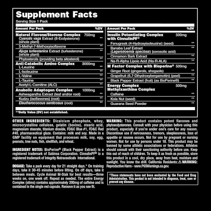 Animal Omega Omega 3 &amp 6 Supplement 30 Day Pack M-Stak Non-Hormonal Hard Gainers Muscle Building Stack 21 Count