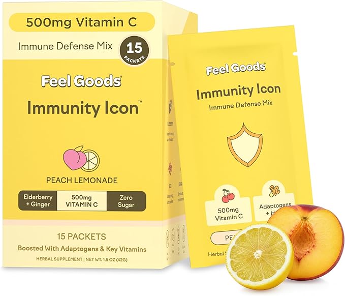 Feel Goods Immunity Icon Vitamin C Immune Support Powder Packets - 500mg Vitamin C Elderberry Ginger Turmeric &amp Key Vitamins for Daily Immune Health - Sugar-Free &amp Caffeine-Free Drink Mix